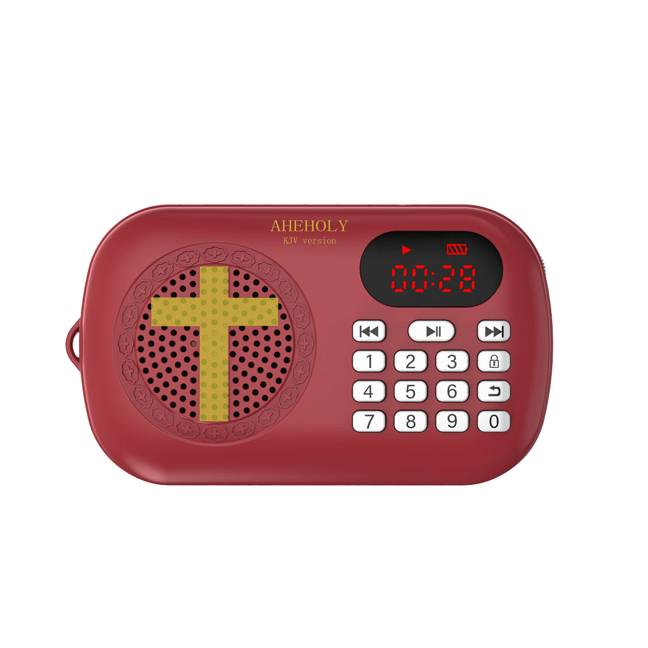 Red AHEHOLY KJV audio Bible player with numeric buttons and a gold cross